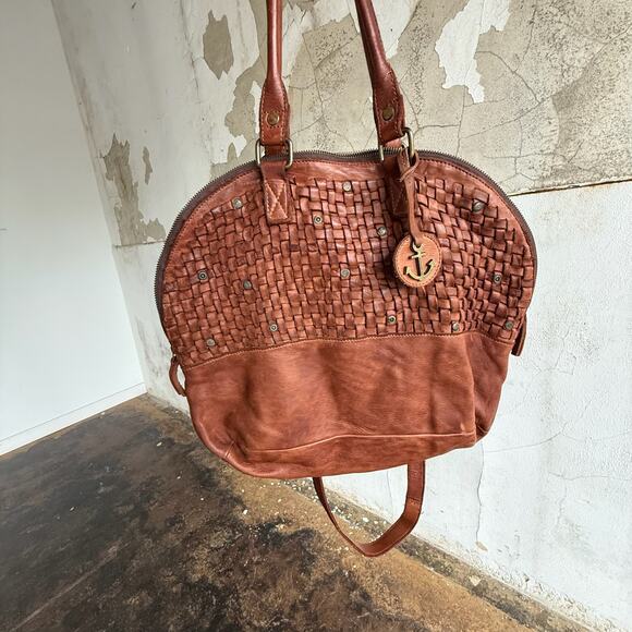 Harbour 2nd Vintage Washed Cognac Woven Leather Women's Large Satchel Bag